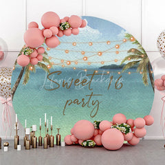 Lofaris Sweet 16 Party Tropical Beach Round Backdrop Palm Trees and String Lights Decor