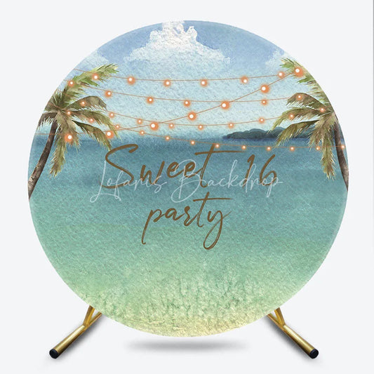 Lofaris Sweet 16 Party Tropical Beach Round Backdrop Palm Trees and String Lights Decor