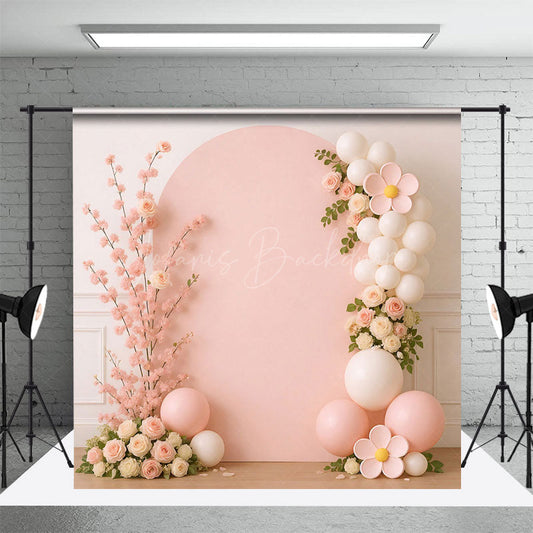 Lofaris Sweet Baby Pink Floral Balloon Cake Smash Backdrop