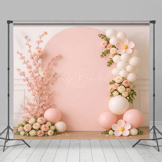 Lofaris Sweet Baby Pink Floral Balloon Cake Smash Backdrop