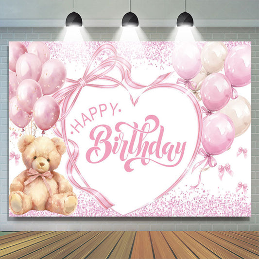 Lofaris Sweet Balloon Teddy Bear Bow Happy Birthday Backdrop