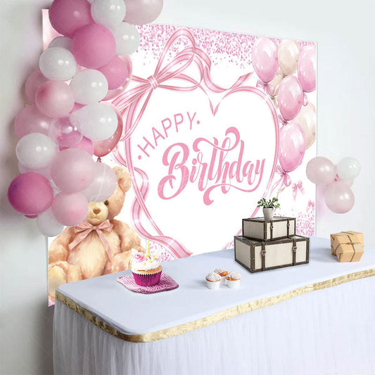 Lofaris Sweet Balloon Teddy Bear Bow Happy Birthday Backdrop