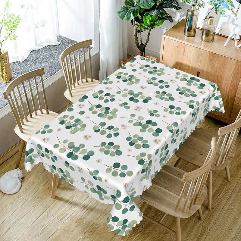 Lofaris Sweet Boho Rectangle Tablecloth with Green Round Leaves for Botanical and Modern Farmhouse Kitchen Decor