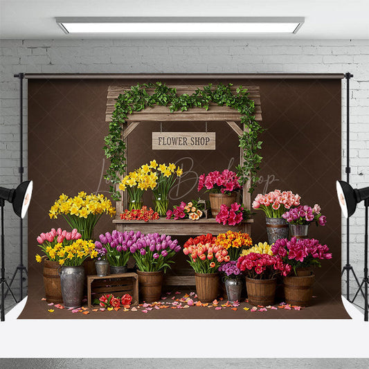 Lofaris Sweet Boho Wood Flower Shop Photo Spring Backdrop