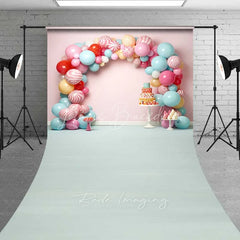 Lofaris Sweet Candy Balloon Arch Cake Smash Sweep Photography Backdrop Pastel Lollipop Party Blue Floor Photo Prop
