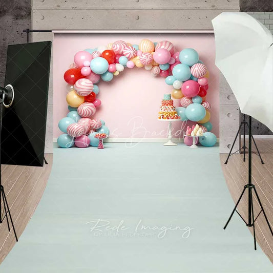 Lofaris Sweet Candy Balloon Arch Cake Smash Sweep Photography Backdrop Pastel Lollipop Party Blue Floor Photo Prop