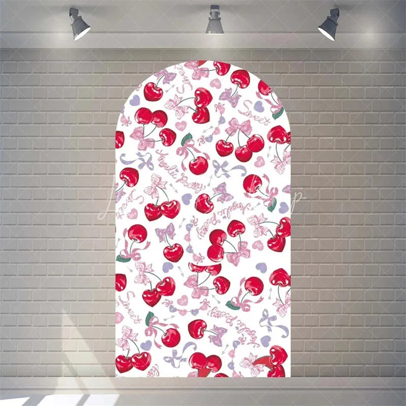 Lofaris Sweet Cherry and Pink Bows Baby Shower Arch Backdrop Heart Pattern Girl Birthday Party Decoration