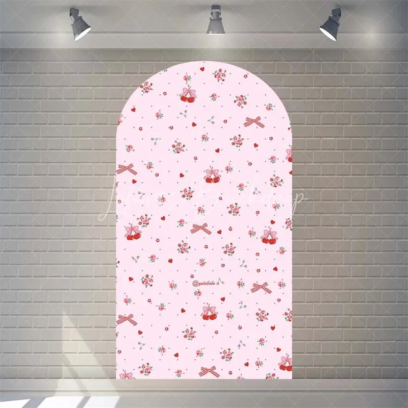 Lofaris Sweet Cherry and Pink Bows Baby Shower Arch Backdrop Heart Pattern Girl Birthday Party Decoration