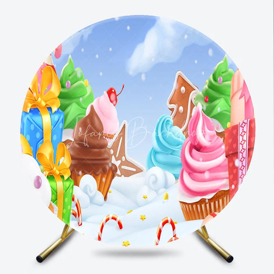Lofaris Sweet Christmas Candy Land Round Backdrop with Whimsical Cupcakes Gingerbread and Gifts