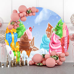 Lofaris Sweet Christmas Candy Land Round Backdrop with Whimsical Cupcakes Gingerbread and Gifts
