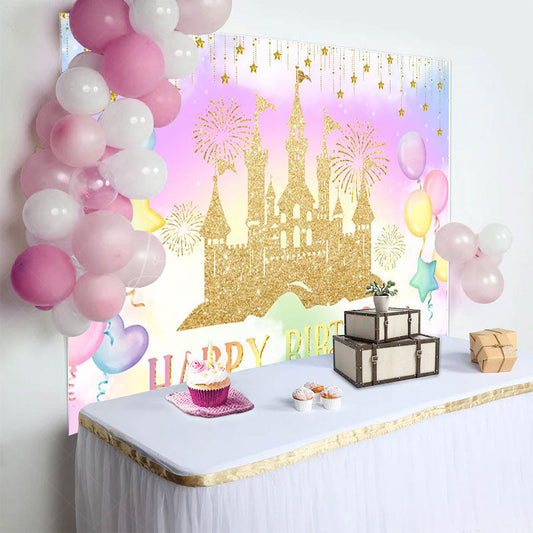 Lofaris Sweet Color Balloon Castle Happy Birthday Backdrop
