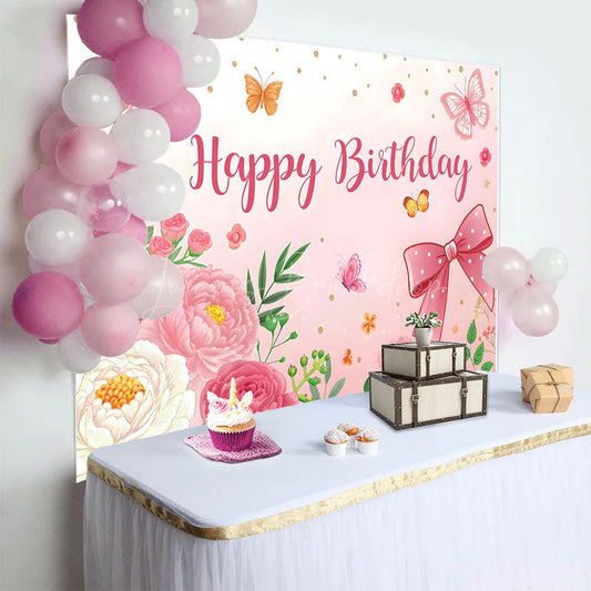 Lofaris Sweet Floral Butterfly Bows Happy Birthday Backdrop
