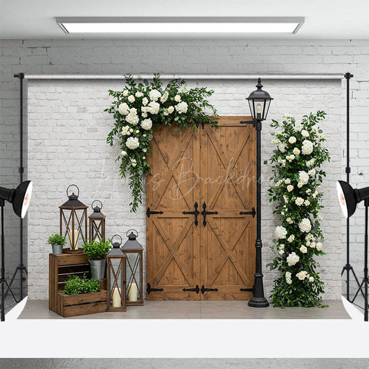 Lofaris Sweet Floral Wooden Door White Brick Wedding Backdrop