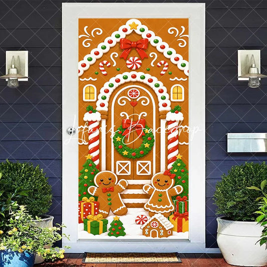 Lofaris Sweet Gingerbread House Christmas Door Cover with Candy Man and Woman Festive Holiday Decor