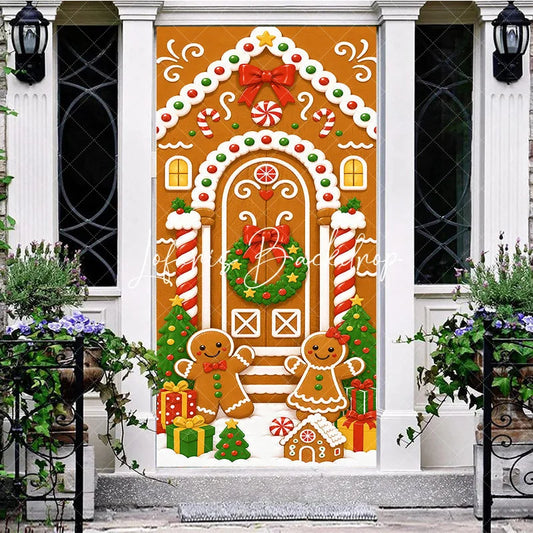 Lofaris Sweet Gingerbread House Christmas Door Cover with Candy Man and Woman Festive Holiday Decor