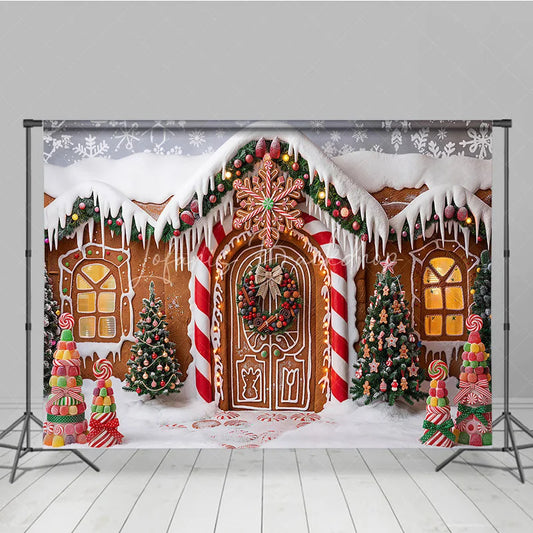 Lofaris Sweet Gingerbread House Christmas Holiday Backdrop with Snow Covered Roof and Candy Trees Winter Wonderland Party Decor