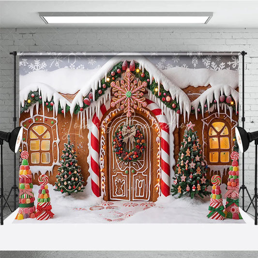 Lofaris Sweet Gingerbread House Christmas Holiday Backdrop with Snow Covered Roof and Candy Trees Winter Wonderland Party Decor