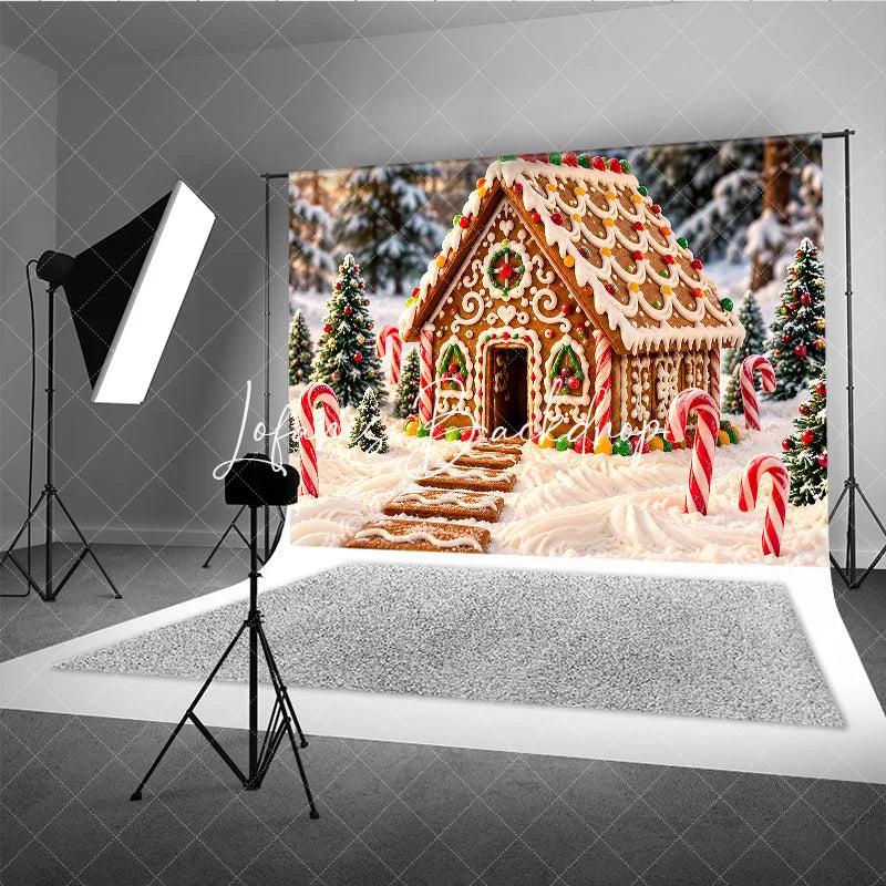 Lofaris Sweet Gingerbread House Holiday Backdrop with Snowy Winter Forest and Candy Canes Festive Christmas Party Decor
