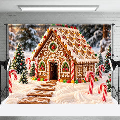 Lofaris Sweet Gingerbread House Holiday Backdrop with Snowy Winter Forest and Candy Canes Festive Christmas Party Decor