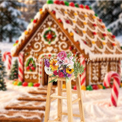 Lofaris Sweet Gingerbread House Holiday Backdrop with Snowy Winter Forest and Candy Canes Festive Christmas Party Decor