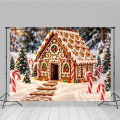 Lofaris Sweet Gingerbread House Holiday Backdrop with Snowy Winter Forest and Candy Canes Festive Christmas Party Decor