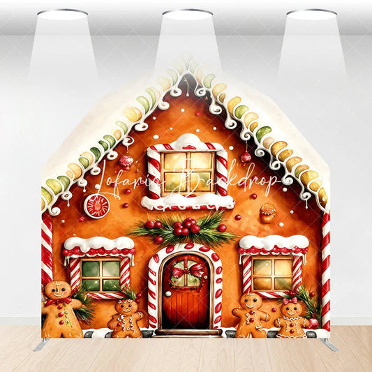 Lofaris Sweet Gingerbread House with Candy Cane Icing Barn Door Arch Backdrop Festive Christmas Holiday Decor