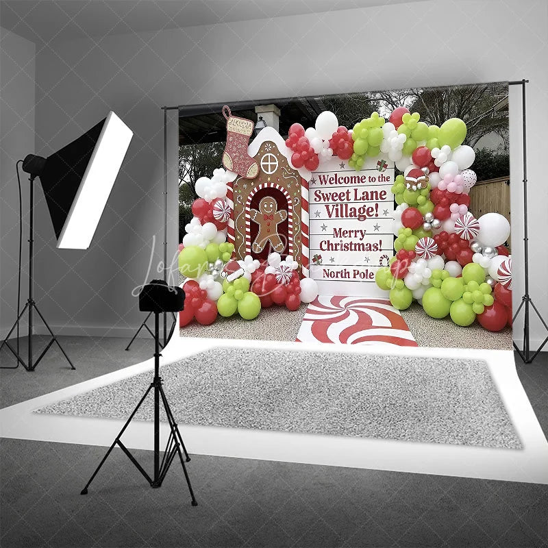 Lofaris Sweet Lane Village Christmas Backdrop Gingerbread House Photography Background Candy North Pole Holiday Party Decoration