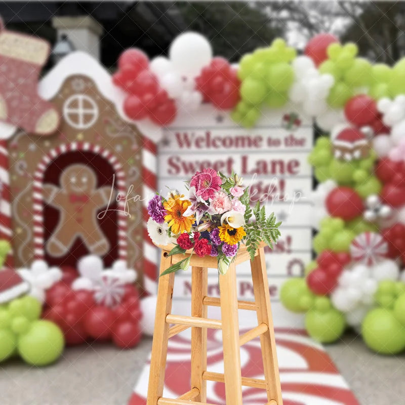 Lofaris Sweet Lane Village Christmas Backdrop Gingerbread House Photography Background Candy North Pole Holiday Party Decoration