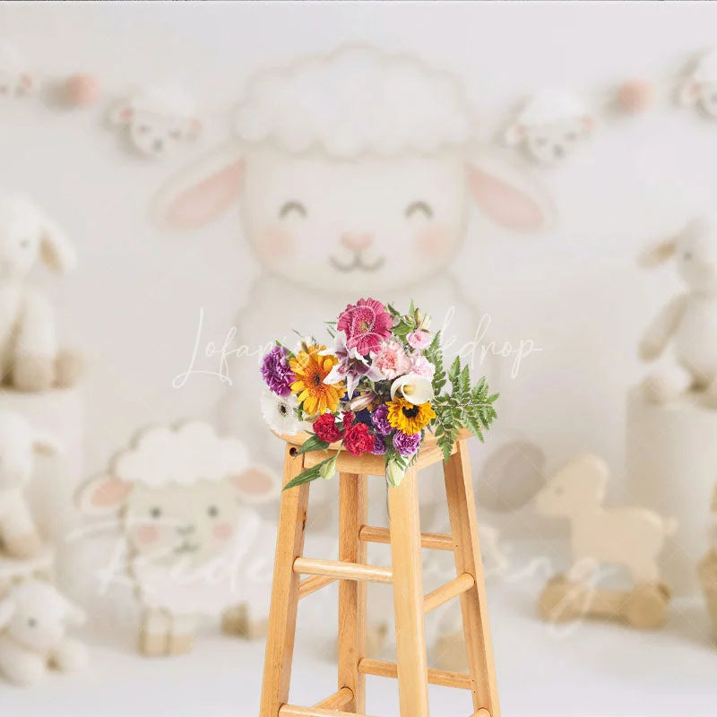 Lofaris Sweet Little Lamb and White Sheep Photo Backdrop Farm Animal Birthday Cake Smash Background
