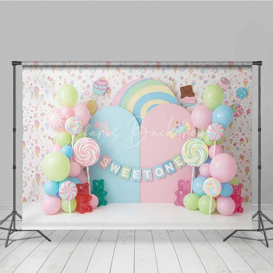 Lofaris Sweet One Candy Photography Backdrop Pastel Lollipops and Gummy Bears Party Decor