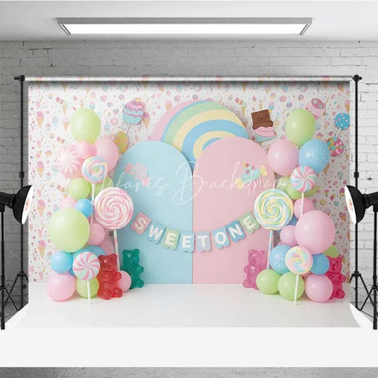 Lofaris Sweet One Candy Photography Backdrop Pastel Lollipops and Gummy Bears Party Decor