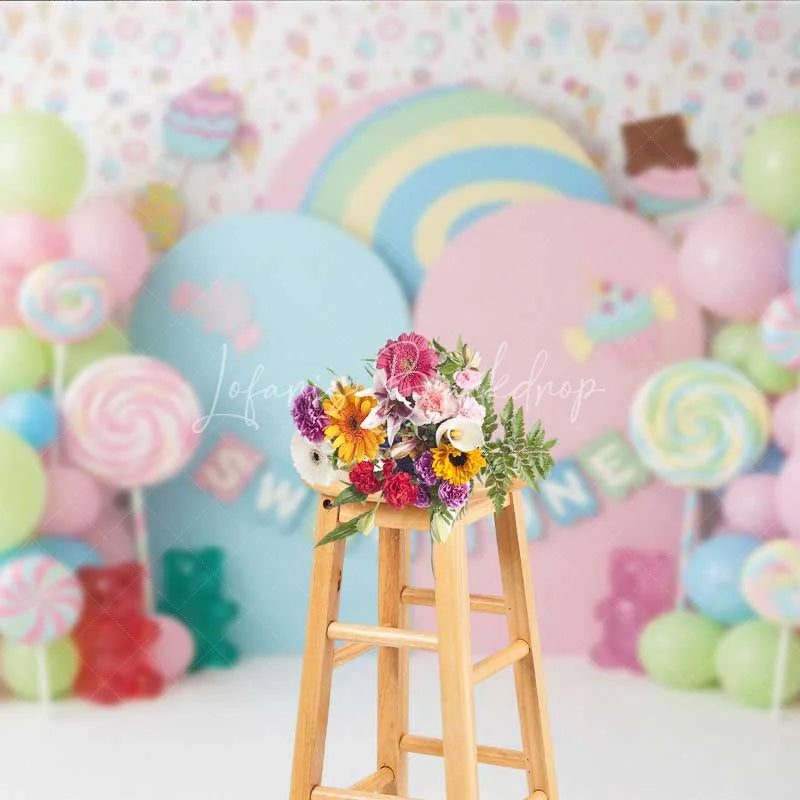 Lofaris Sweet One Candy Photography Backdrop Pastel Lollipops and Gummy Bears Party Decor