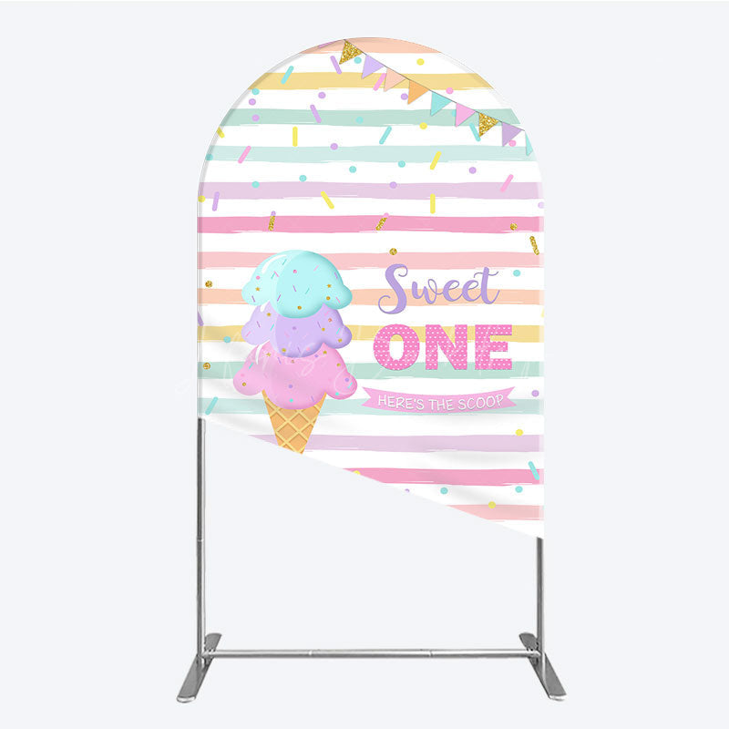 Lofaris Sweet One First Birthday Arch Backdrop for Girl Ice Cream Cone and Sprinkles Pastel Here’s The Scoop Party Banner