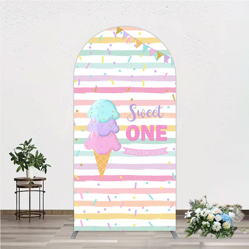 Lofaris Sweet One First Birthday Arch Backdrop for Girl Ice Cream Cone and Sprinkles Pastel Here’s The Scoop Party Banner