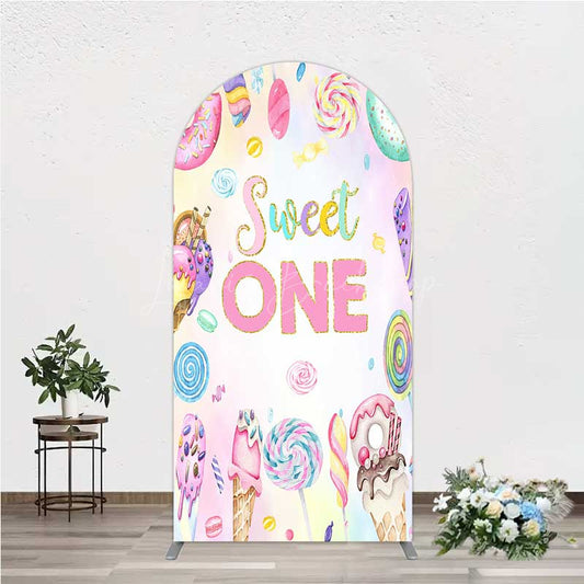 Lofaris Sweet One First Birthday Arch Backdrop Ice Cream and Candy Land Party Girls Donut Lollipop Photo Prop Decor