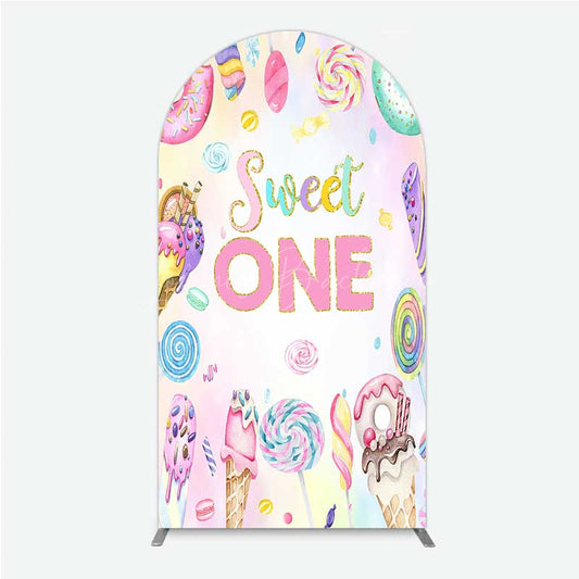 Lofaris Sweet One First Birthday Arch Backdrop Ice Cream and Candy Land Party Girls Donut Lollipop Photo Prop Decor