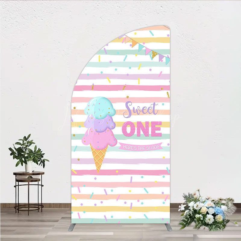 Lofaris Sweet One First Birthday Half Moon Arch Backdrop for Girl Ice Cream Cone and Sprinkles Pastel Here’s The Scoop Party Banner
