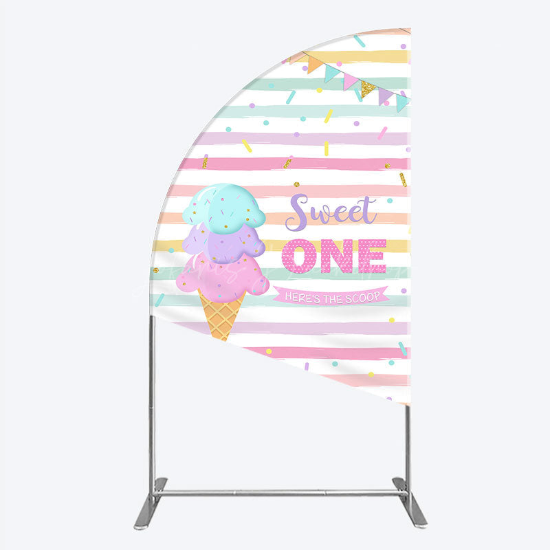 Lofaris Sweet One First Birthday Half Moon Arch Backdrop for Girl Ice Cream Cone and Sprinkles Pastel Here’s The Scoop Party Banner