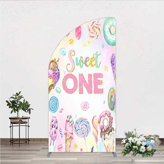 Lofaris Sweet One First Birthday Half Moon Arch Backdrop Ice Cream and Candy Land Party Girls Donut Lollipop Photo Prop Decor