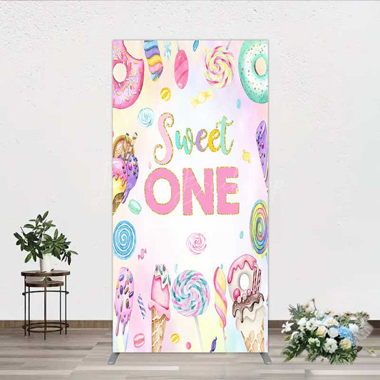 Lofaris Sweet One First Birthday Rectangle Backdrop Ice Cream and Candy Land Party Girls Donut Lollipop Photo Prop Decor