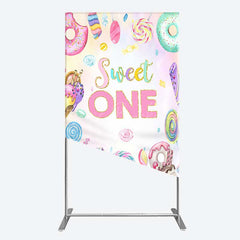 Lofaris Sweet One First Birthday Rectangle Backdrop Ice Cream and Candy Land Party Girls Donut Lollipop Photo Prop Decor