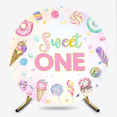 Lofaris Sweet One First Birthday Round Backdrop Ice Cream and Candy Land Party Girls Donut Lollipop Photo Prop Decor