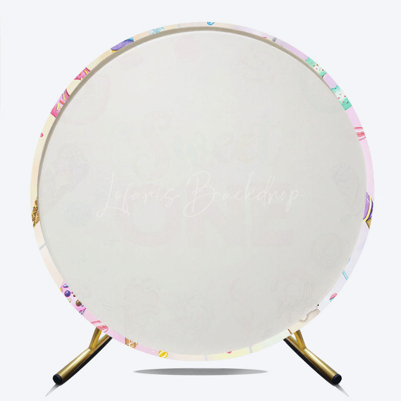 Lofaris Sweet One First Birthday Round Backdrop Ice Cream and Candy Land Party Girls Donut Lollipop Photo Prop Decor