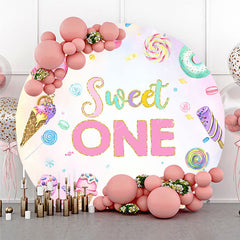 Lofaris Sweet One First Birthday Round Backdrop Ice Cream and Candy Land Party Girls Donut Lollipop Photo Prop Decor
