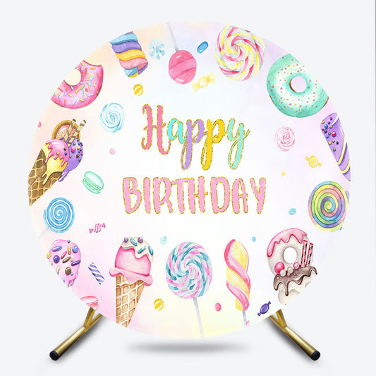Lofaris Sweet One First Birthday Round Backdrop Ice Cream Candy Land Party Girls Donut and Lollipop Photo Prop Decor