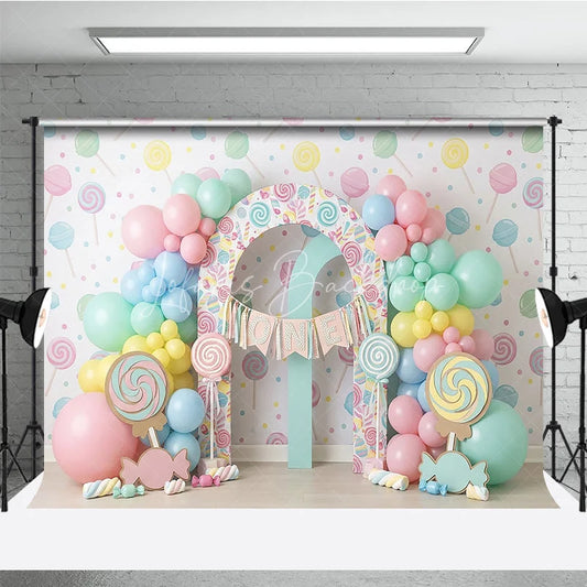Lofaris Sweet Pastel Candy Land First Birthday Photography Backdrop Lollipops Balloons and ONE Arch Decor