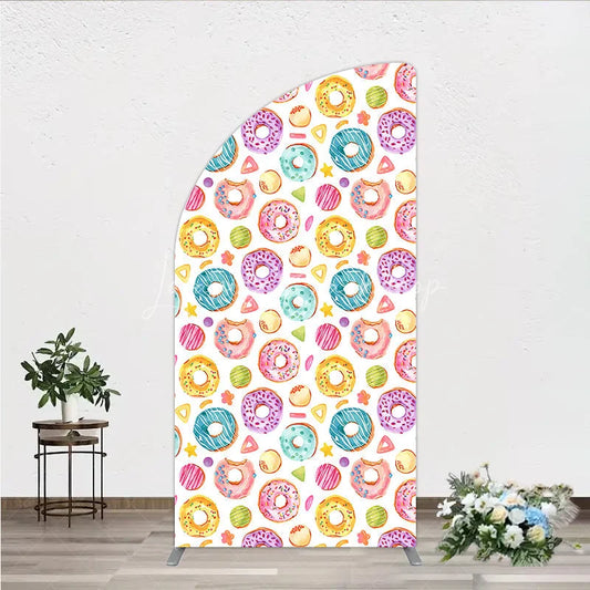 Lofaris Sweet Pastel Donuts and Sprinkles Half Moon Arch Backdrop Colorful Dessert Table Decor for Birthday Party