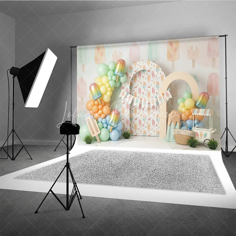 Lofaris Sweet Pastel Watercolor Popsicle Photography Backdrop Summer Ice Cream Birthday Party Decor with Balloon Garland