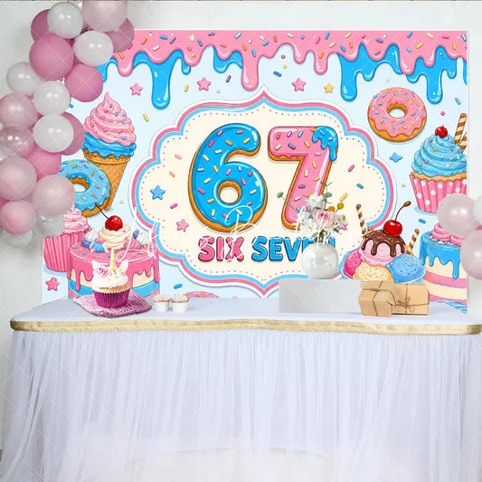 Lofaris Sweet Pink and Blue Donut 7th Birthday Backdrop featuring Cupcakes Ice Cream Candy Sprinkles for Party Decor
