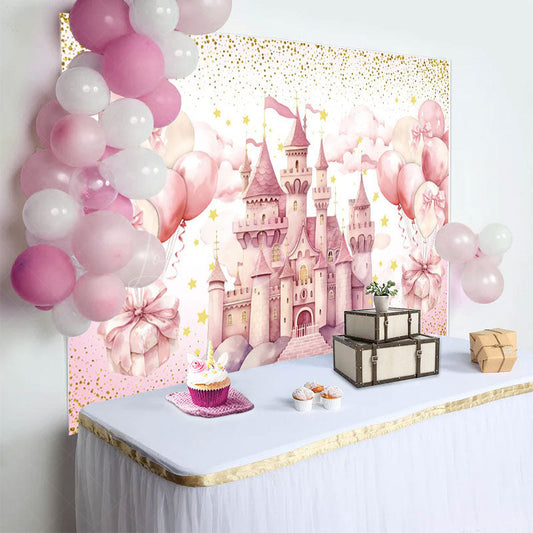 Lofaris Sweet Pink Balloon Castle Happy Birthday Backdrop
